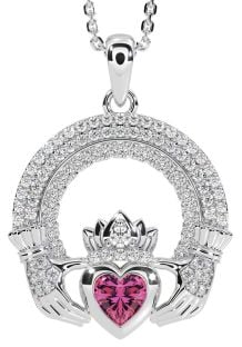 Diamond Pink Tourmaline Silver Claddagh Celtic Trinity Knot Necklace