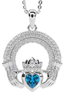 Diamond Topaz Silver Claddagh Celtic Trinity Knot Necklace