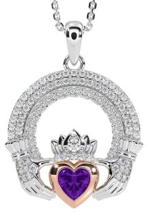 Diamond Amethyst Rose Gold Silver Claddagh Celtic Trinity Knot Necklace