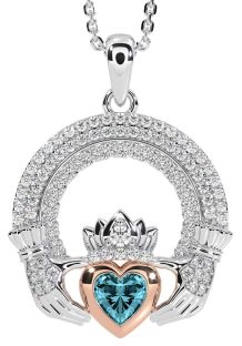 Diamond Aquamarine Rose Gold Silver Claddagh Celtic Trinity Knot Necklace