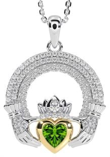 Diamond Peridot Gold Silver Claddagh Celtic Trinity Knot Necklace