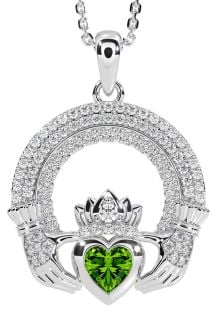 Diamond Peridot White Gold Claddagh Celtic Trinity Knot Necklace