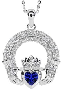 Diamond Sapphire White Gold Claddagh Celtic Trinity Knot Necklace