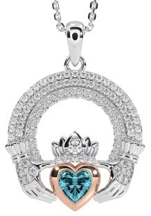 Diamond Aquamarine White Rose Gold Claddagh Celtic Trinity Knot Necklace