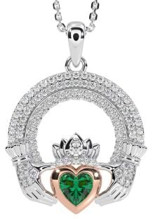 Diamond Emerald White Rose Gold Claddagh Celtic Trinity Knot Necklace