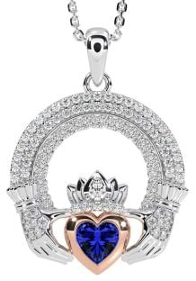 Diamond Sapphire White Rose Gold Claddagh Celtic Trinity Knot Necklace