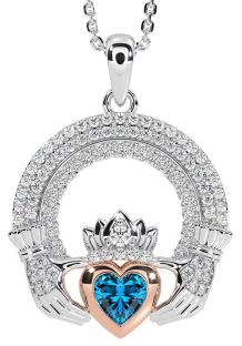 Diamond Topaz White Rose Gold Claddagh Celtic Trinity Knot Necklace