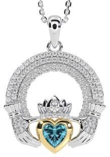 Diamond Aquamarine White Yellow Gold Claddagh Celtic Trinity Knot Necklace