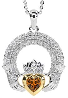 Diamond Citrine White Yellow Gold Claddagh Celtic Trinity Knot Necklace