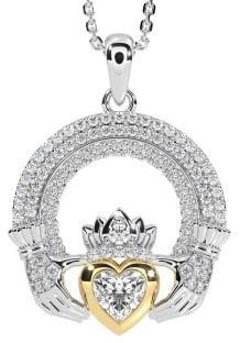 Diamond White Yellow Gold Claddagh Celtic Trinity Knot Necklace