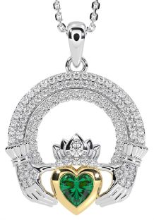 Diamond Emerald White Yellow Gold Claddagh Celtic Trinity Knot Necklace