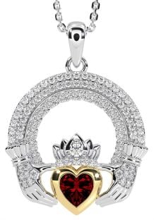 Diamond Garnet White Yellow Gold Claddagh Celtic Trinity Knot Necklace