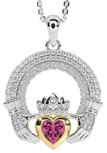 Diamond Pink Tourmaline White Yellow Gold Claddagh Celtic Trinity Knot Necklace