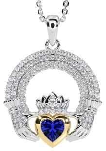 Diamond Sapphire White Yellow Gold Claddagh Celtic Trinity Knot Necklace