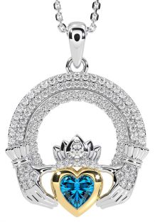 Diamond Topaz White Yellow Gold Claddagh Celtic Trinity Knot Necklace