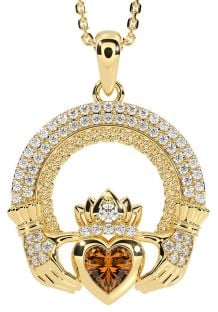 Diamond Citrine Gold Claddagh Celtic Trinity Knot Necklace