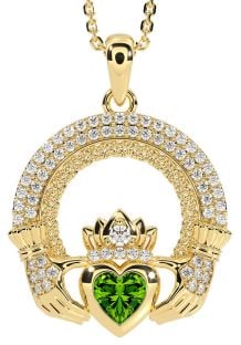 Diamond Peridot Gold Claddagh Celtic Trinity Knot Necklace
