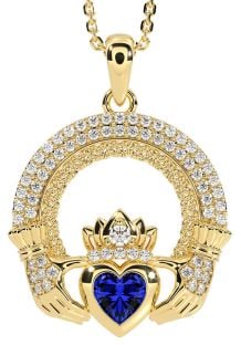 Diamond Sapphire Gold Claddagh Celtic Trinity Knot Necklace