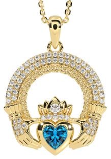 Diamond Topaz Gold Claddagh Celtic Trinity Knot Necklace