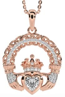 Diamond Rose Gold Silver Claddagh Celtic Trinity Knot Necklace