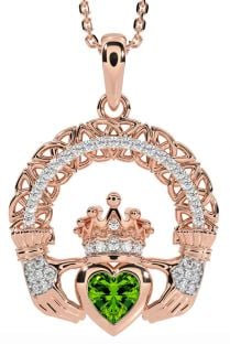 Diamond Peridot Rose Gold Silver Claddagh Celtic Trinity Knot Necklace