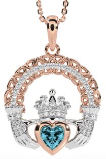 Diamond Aquamarine Rose Gold Silver Claddagh Celtic Trinity Knot Necklace