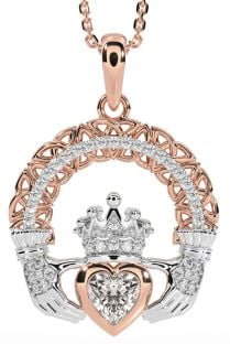 Diamond Rose Gold Silver Claddagh Celtic Trinity Knot Necklace