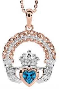 Diamond Topaz Rose Gold Silver Claddagh Celtic Trinity Knot Necklace