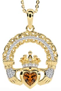 Diamond Citrine Gold Silver Claddagh Celtic Trinity Knot Necklace
