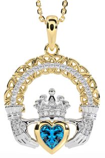 Diamond Topaz Gold Silver Claddagh Celtic Trinity Knot Necklace