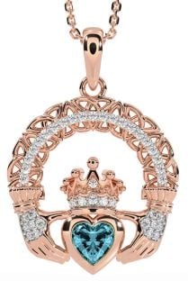 Diamond Aquamarine Rose Gold Claddagh Celtic Trinity Knot Necklace