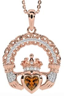 Diamond Citrine Rose Gold Claddagh Celtic Trinity Knot Necklace
