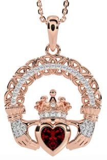 Diamond Garnet Rose Gold Claddagh Celtic Trinity Knot Necklace