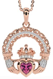 Diamond Pink Tourmaline Rose Gold Claddagh Celtic Trinity Knot Necklace