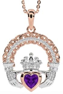 Diamond Amethyst White Rose Gold Claddagh Celtic Trinity Knot Necklace