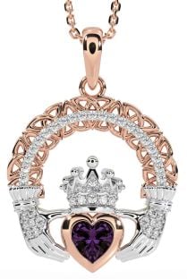 Diamond Alexandrite White Rose Gold Claddagh Celtic Trinity Knot Necklace