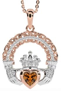 Diamond Citrine White Rose Gold Claddagh Celtic Trinity Knot Necklace