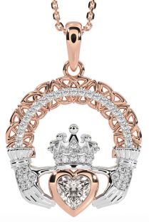 Diamond White Rose Gold Claddagh Celtic Trinity Knot Necklace