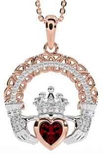 Diamond Garnet White Rose Gold Claddagh Celtic Trinity Knot Necklace