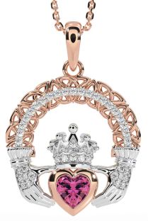 Diamond Pink Tourmaline White Rose Gold Claddagh Celtic Trinity Knot Necklace