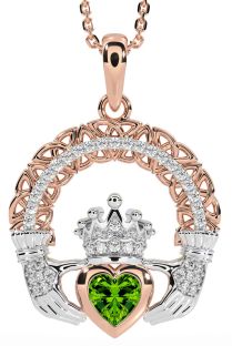 Diamond Peridot White Rose Gold Claddagh Celtic Trinity Knot Necklace