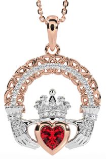 Diamond Ruby White Rose Gold Claddagh Celtic Trinity Knot Necklace