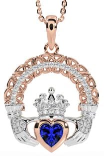 Diamond Sapphire White Rose Gold Claddagh Celtic Trinity Knot Necklace