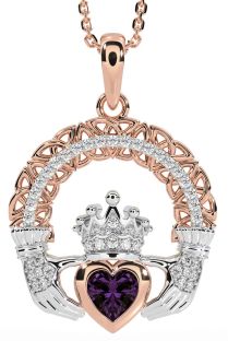 Diamond Alexandrite Rose Gold Silver Claddagh Celtic Trinity Knot Necklace