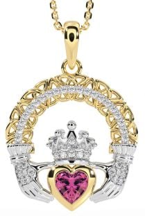 Diamond Pink Tourmaline Gold Silver Claddagh Celtic Trinity Knot Necklace