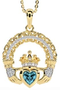 Diamond Aquamarine Gold Claddagh Celtic Trinity Knot Necklace