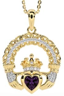 Diamond Alexandrite Gold Claddagh Celtic Trinity Knot Necklace