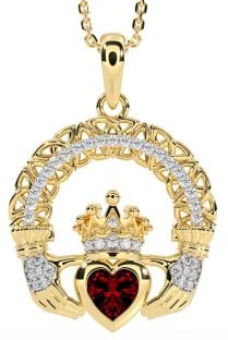 Diamond Garnet Gold Claddagh Celtic Trinity Knot Necklace