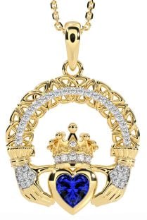 Diamond Sapphire Gold Claddagh Celtic Trinity Knot Necklace