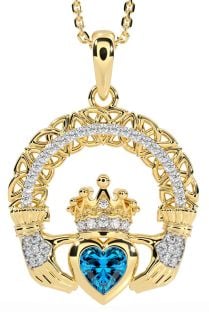 Diamond Topaz Gold Claddagh Celtic Trinity Knot Necklace